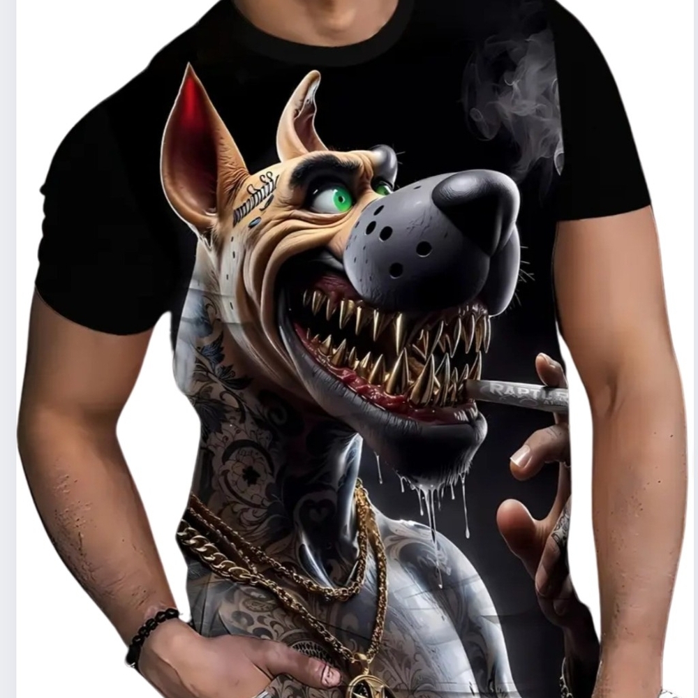 Black Short Sleeve Tee with 3D Wolf Design